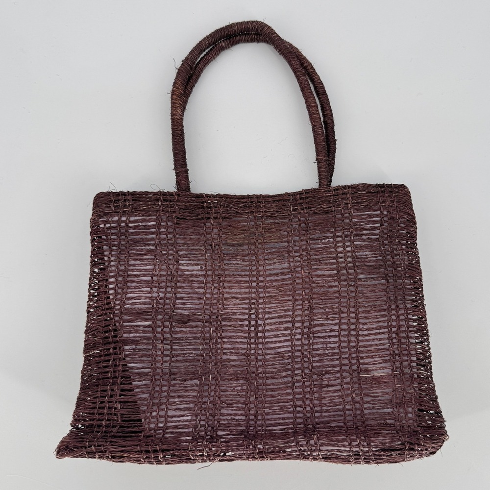 Vintage 90s J.Crew Straw Tote Bag Brown Pink Eyelet Interior Raffia Coastal Boho